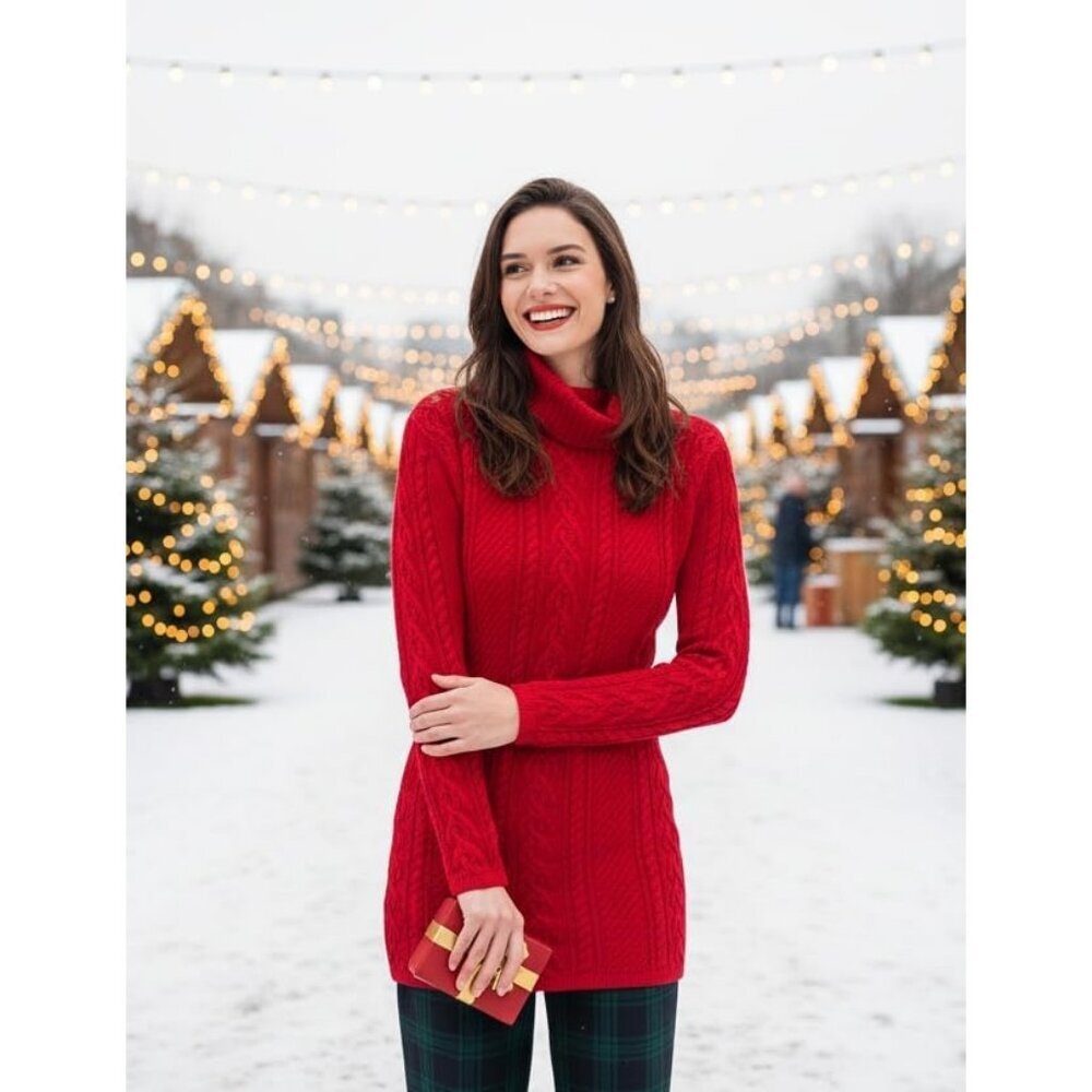 Women's Polo Neck Long Fitted Dress Bodycon Turtleneck Cable Knit Sweater Red - Picture 3 of 5